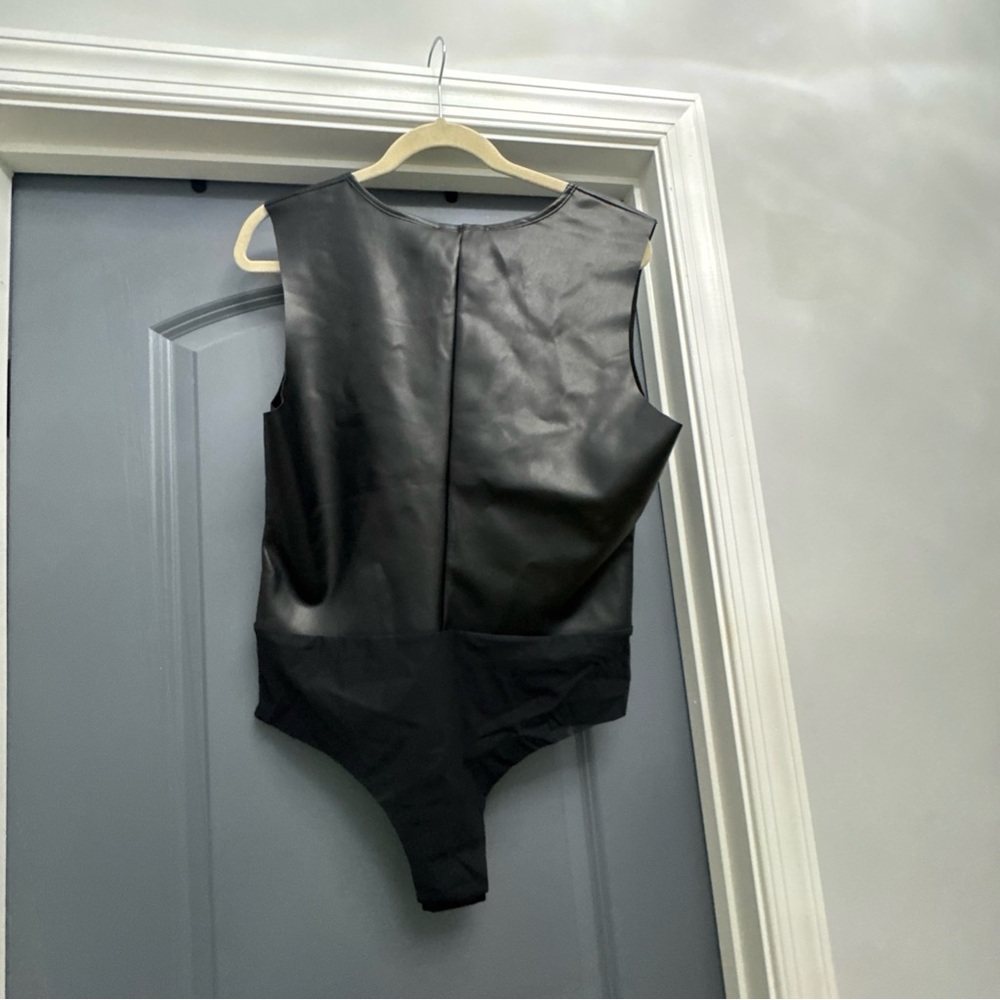 Seven7 Black Faux Leather V-Neck Bodysuit